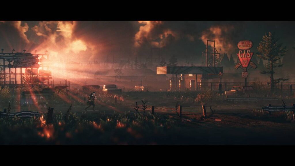 Verfallene Umgebung in REPLACED mit untergehender Sonne im Hintergrund.