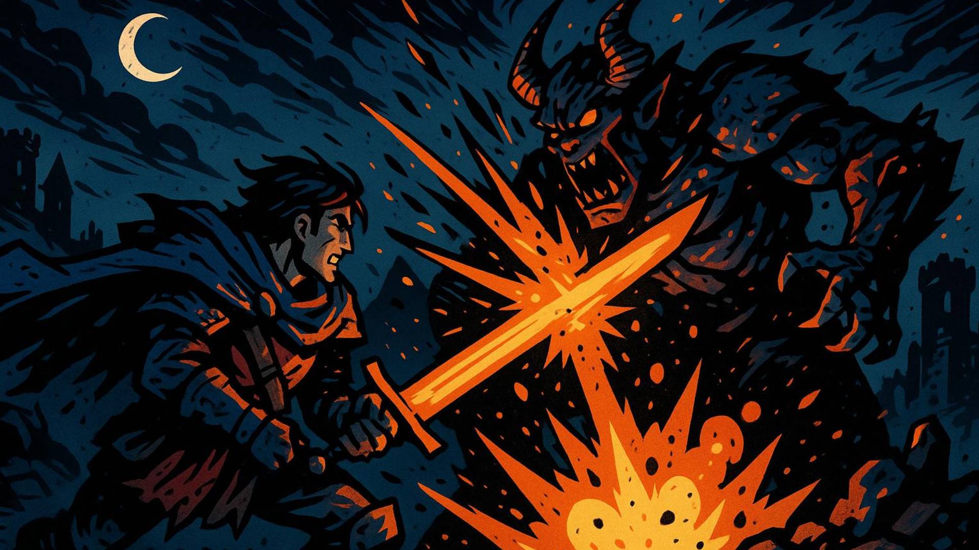 Held kämpft gegen Dämon im Comic-Stil