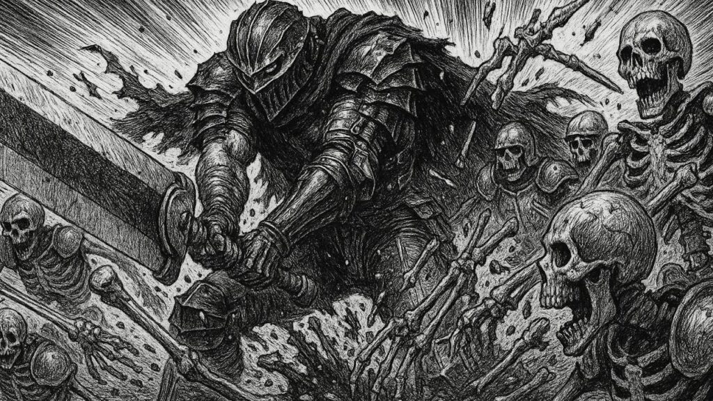 Ein Ritter schlägt mit Zweihandschwert durch eine Horde von Skeletten.