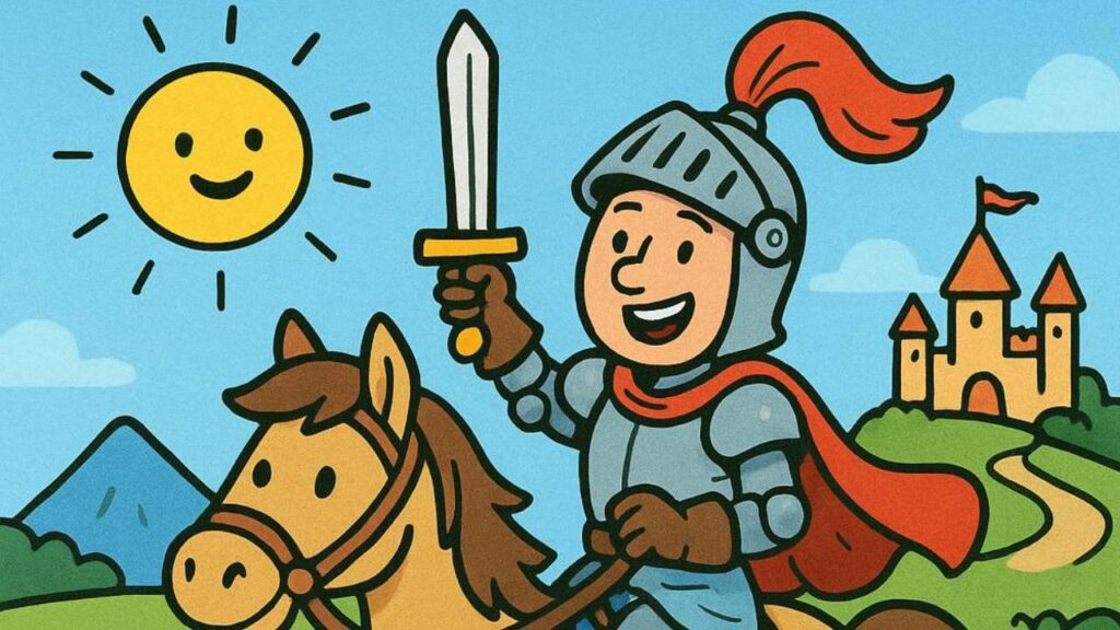 Ein Ritter reitet im Comic-Stil fröhlich durch die Gegend