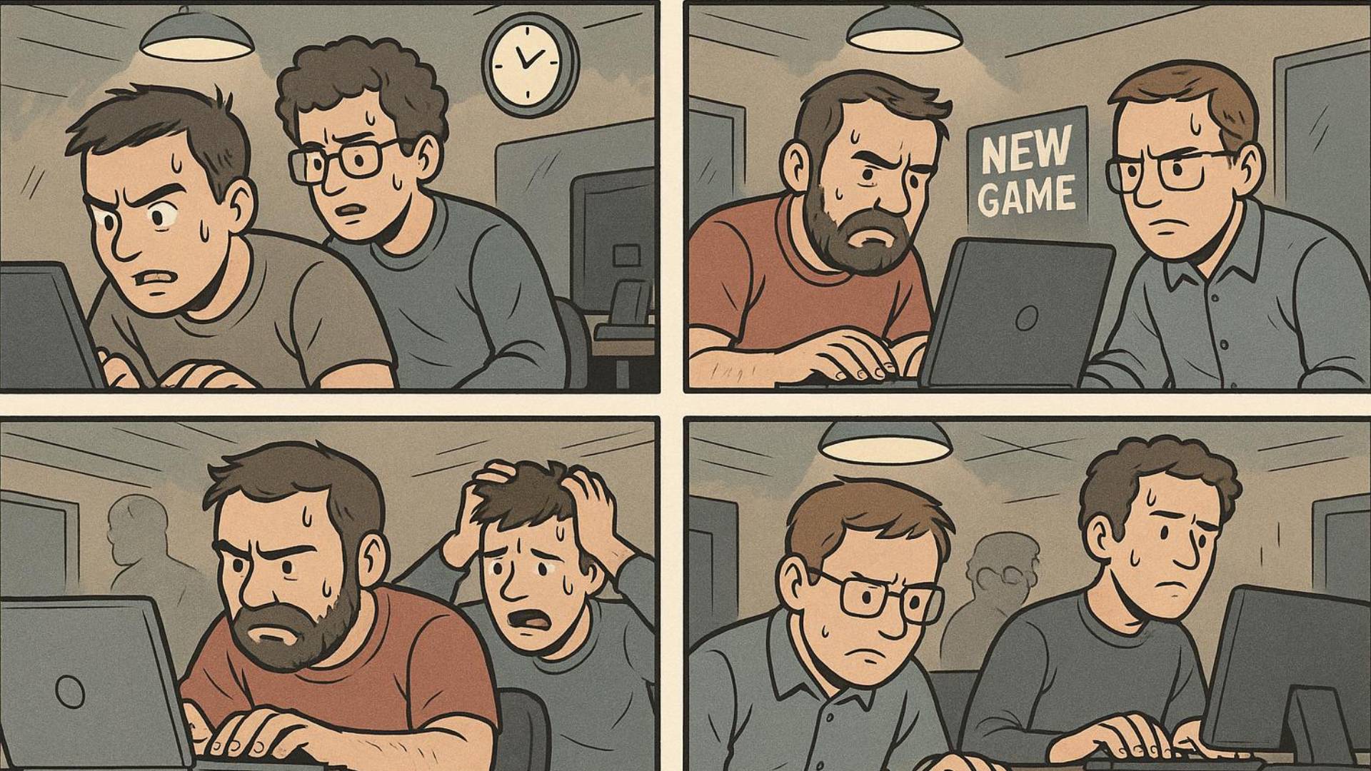 Ein Comic-Bild, in dem mehrere Entwickler an einem neuen Spiel arbeiten