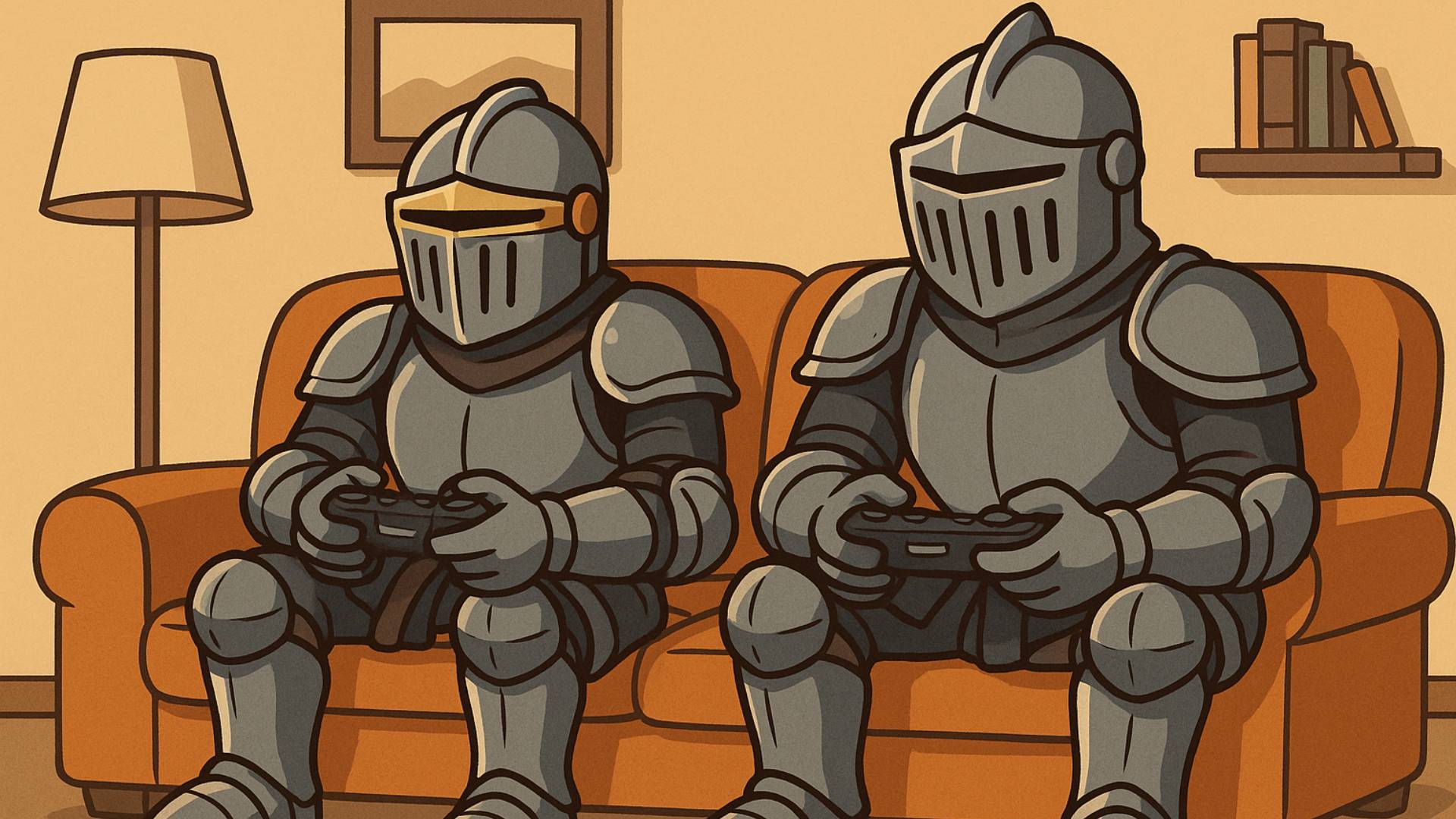 Ein symbolischer zweier Ritter mit Controllern zum Thema Couch-Coop