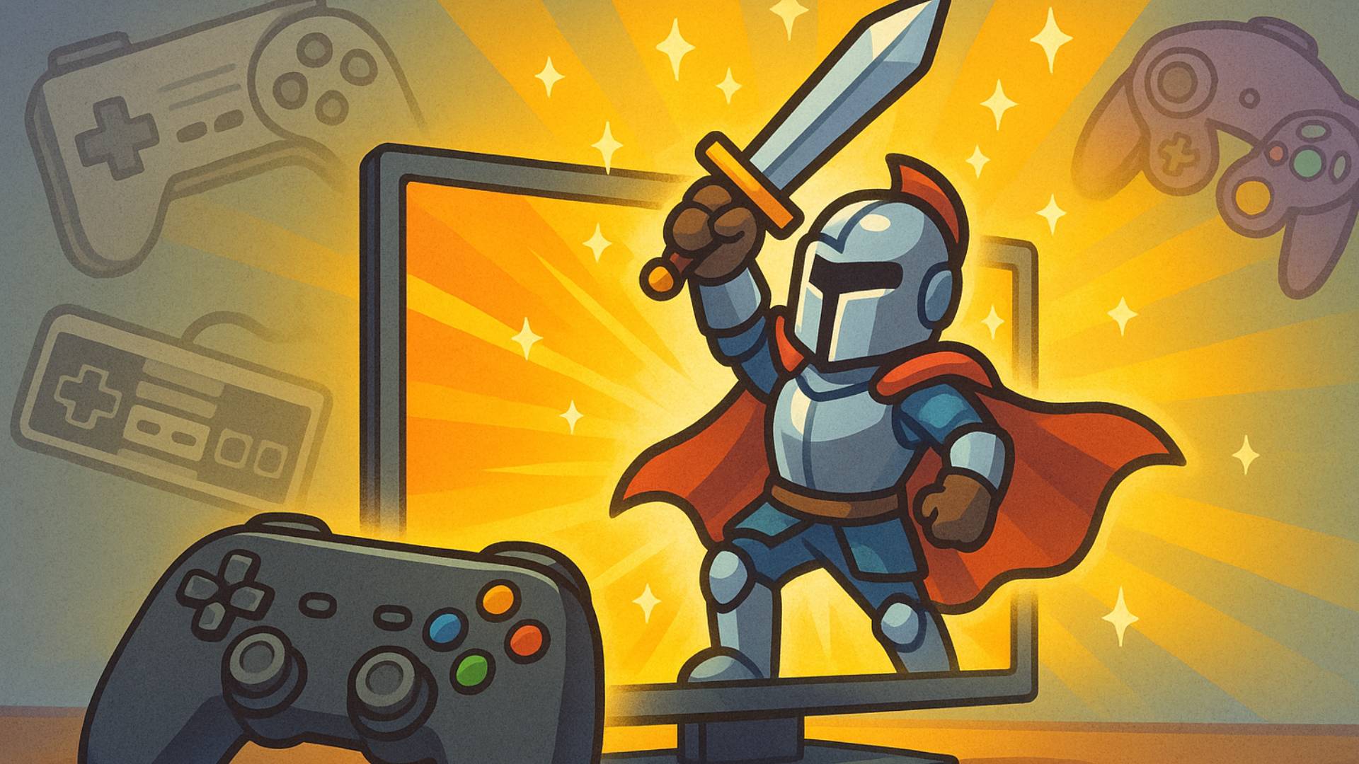 Ein symbolisches Bild über Singleplayer-Spiele. Ein Ritter kommt aus dem Bildschirm, was für epische Abenteuer steht.