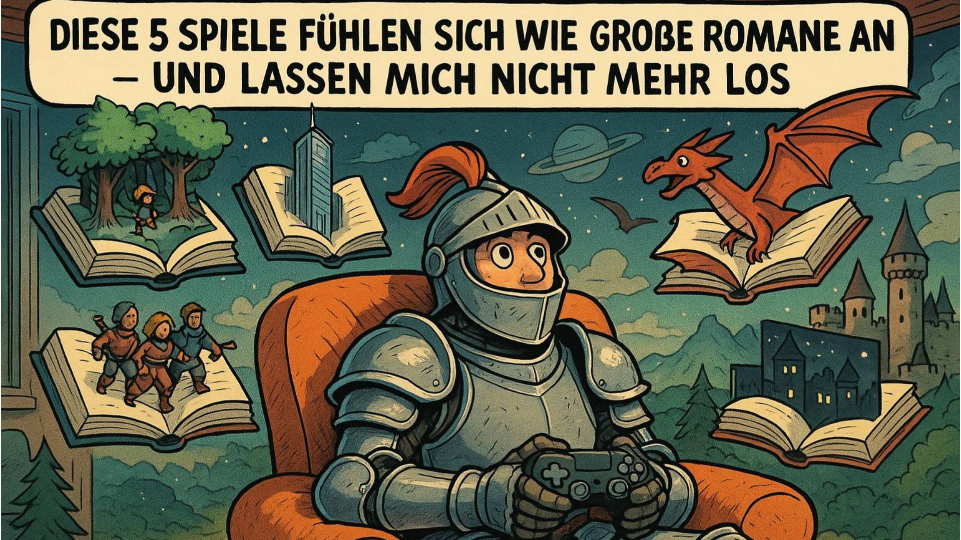 Man sieht ein Comic-Bild mit viel Fantasy