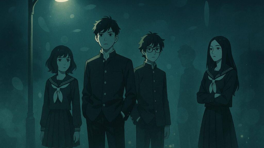 Mehrere japanische Schüler im mysteriösen Comic-Stil