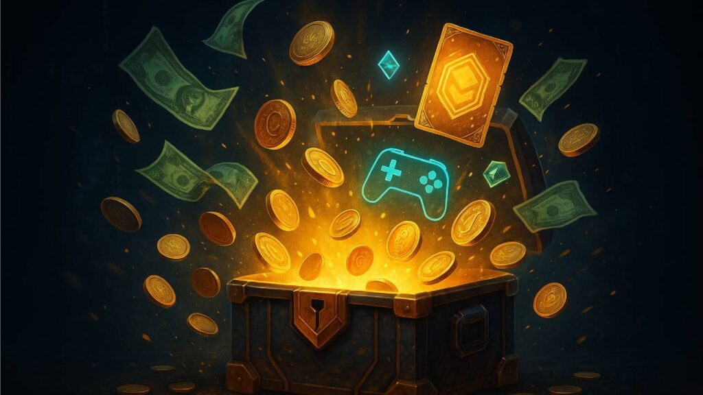 Ein symbolisches Bild, dass eine Kiste mit Geldscheinen und Taler zeigt. Es behandelt das Thema: Indien Gaming Gesetz