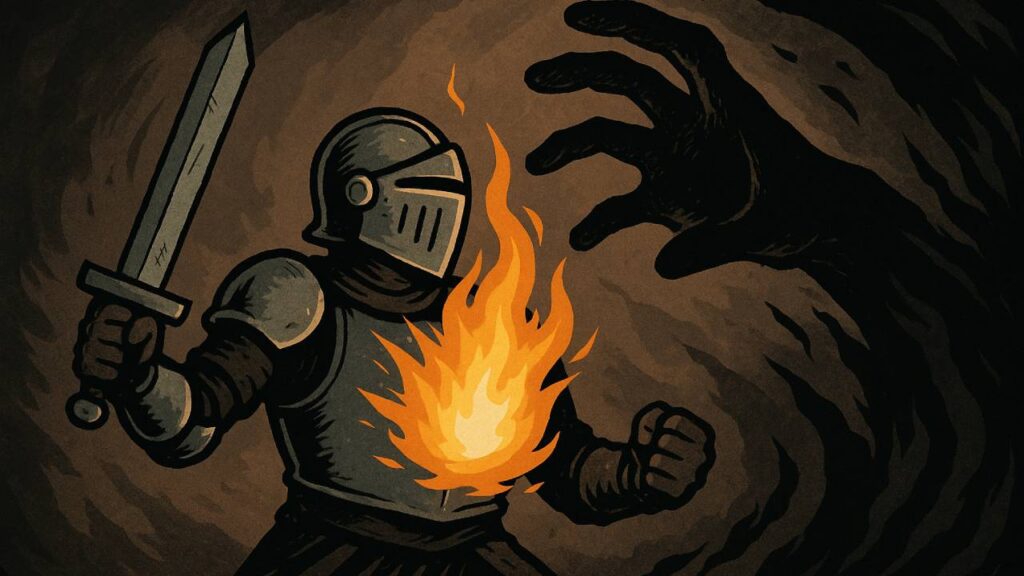 Ritter kämpft gegen eine riesige Schattenhand oder eine dunkle Aura. Aus seiner Brust leuchtet eine helle Flamme → Symbol für Willenskraft.