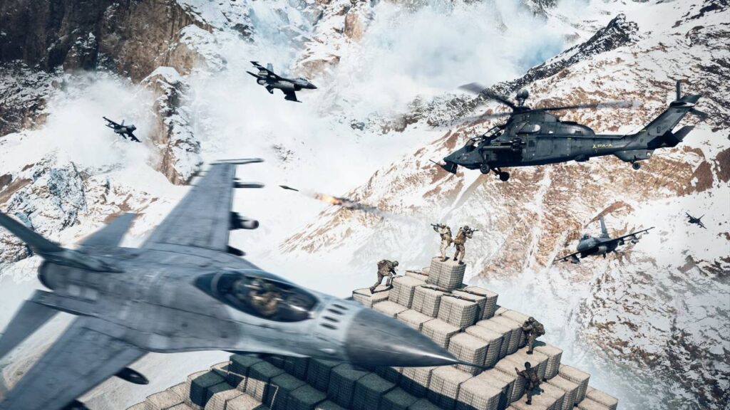 Battlefield 6 Artwork: Luft- und Bodengefecht im Schnee – Jets, Helikopter und Soldaten auf Barrikaden im Hochgebirge.