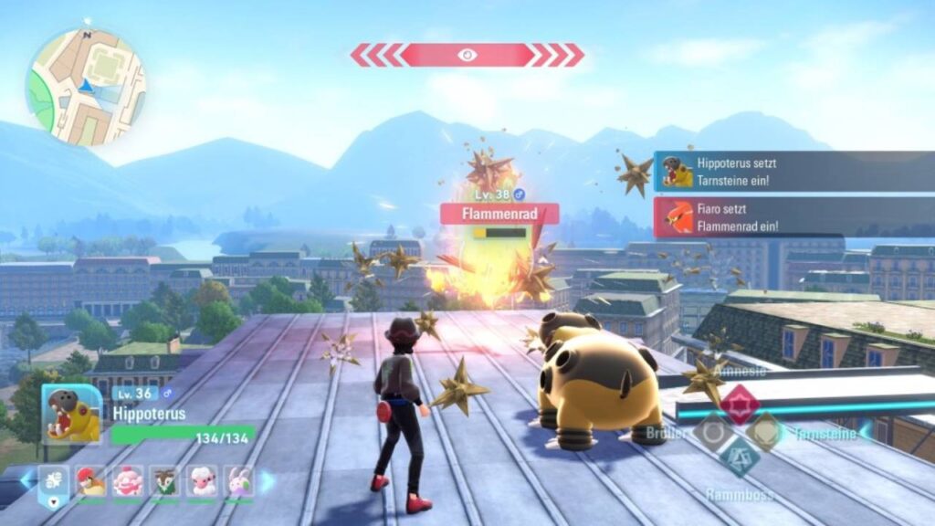 Pokémon-Kampf in dritter Person auf einem Dach, HUD mit Hippoterus (Lv. 36) und Einblendung „Fiaro setzt Flammenrad ein“, Stadtpanorama und Berge.