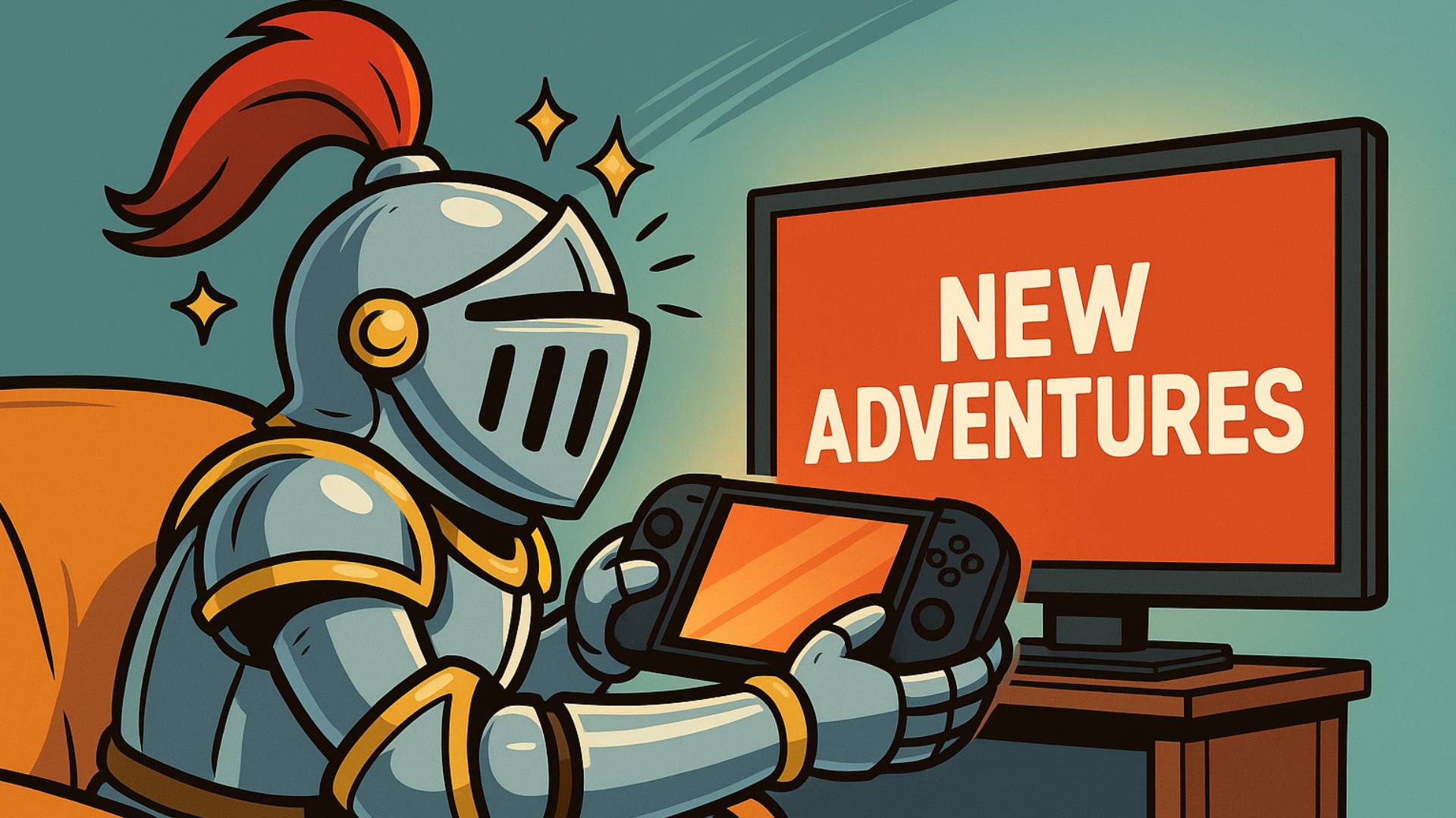 Der Quest-Knight sitzt mit einem Handheld gespannt vor einem Fernseher. Er erwartet sehnsüchtig die Nintendo Direct.