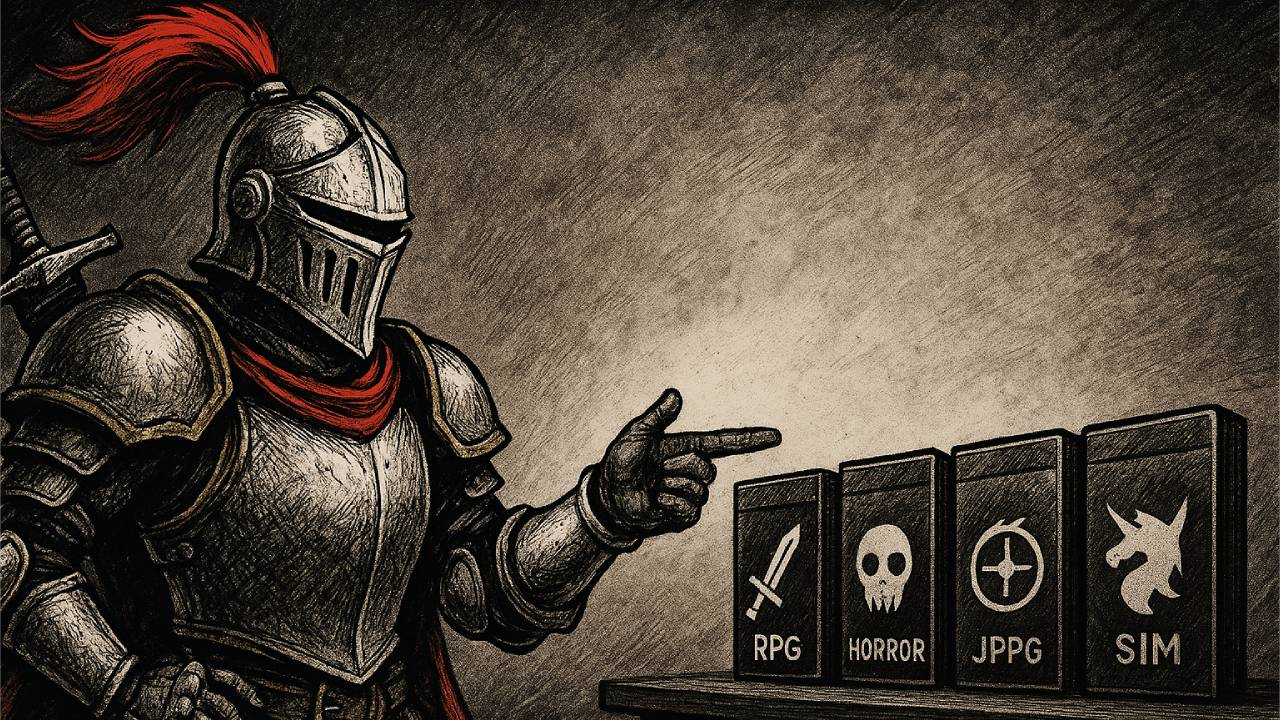 Der Quest-Knight mit geschlossenem Visier, roter Feder und Schwert über der rechten Schulter steht links und weist auf Spielehüllen mit Genre-Symbolen wie RPG, Horror und Simulation.