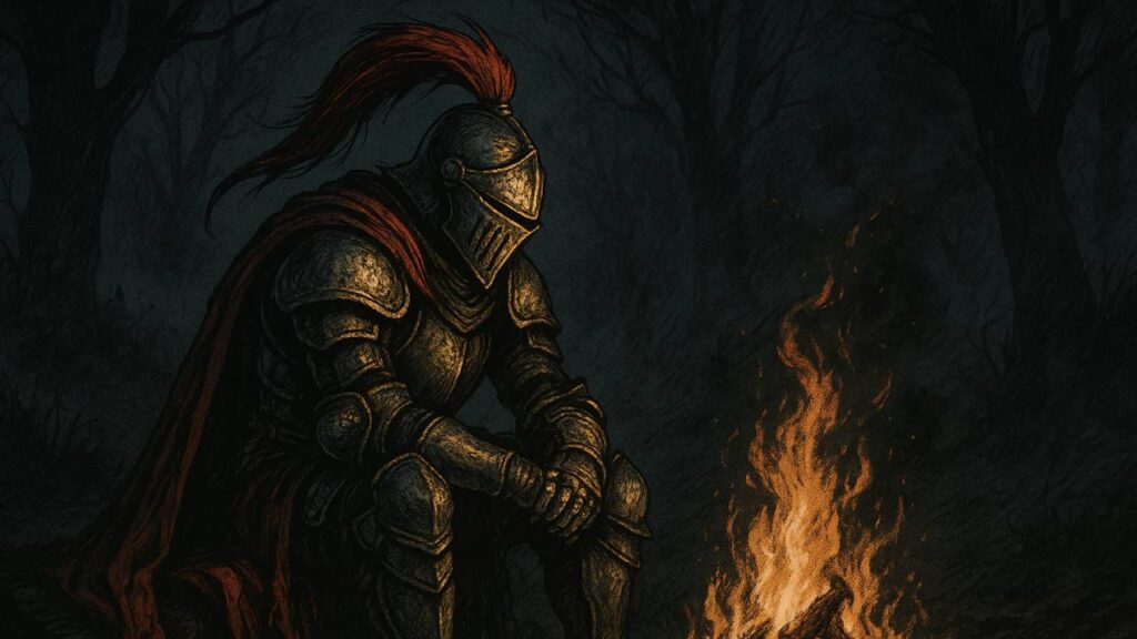 Quest-Knight nachdenklich am Lagerfeuer