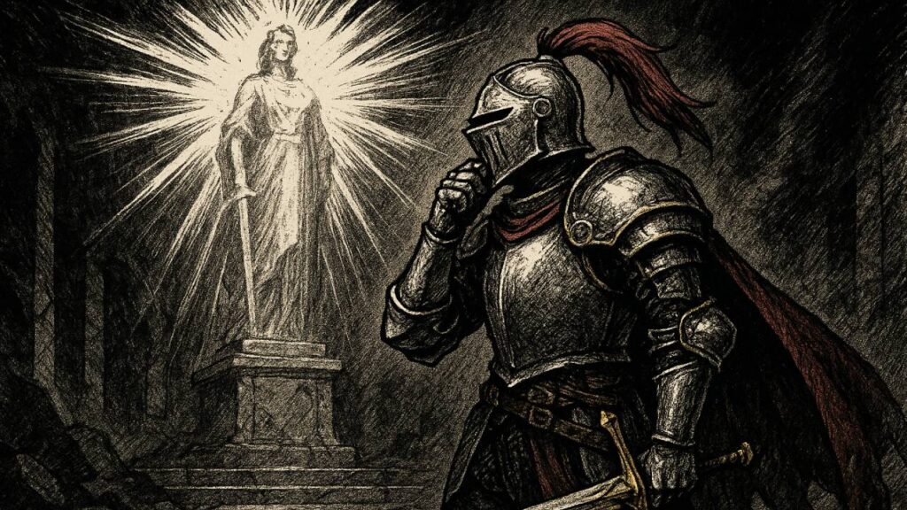 Der Quest-Knight betrachtet skeptisch eine überstrahlte Statue – Symbolbild für den Hype um Clair Obscur: Expedition 33