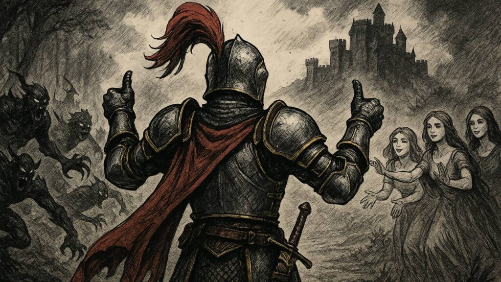 Quest-Knight in silberner Rüstung mit rotem Helmbusch hebt beide Daumen, während auf der einen Seite Monster angreifen und auf der anderen Seite Frauen ihn bewundern. Im Hintergrund eine Burg.