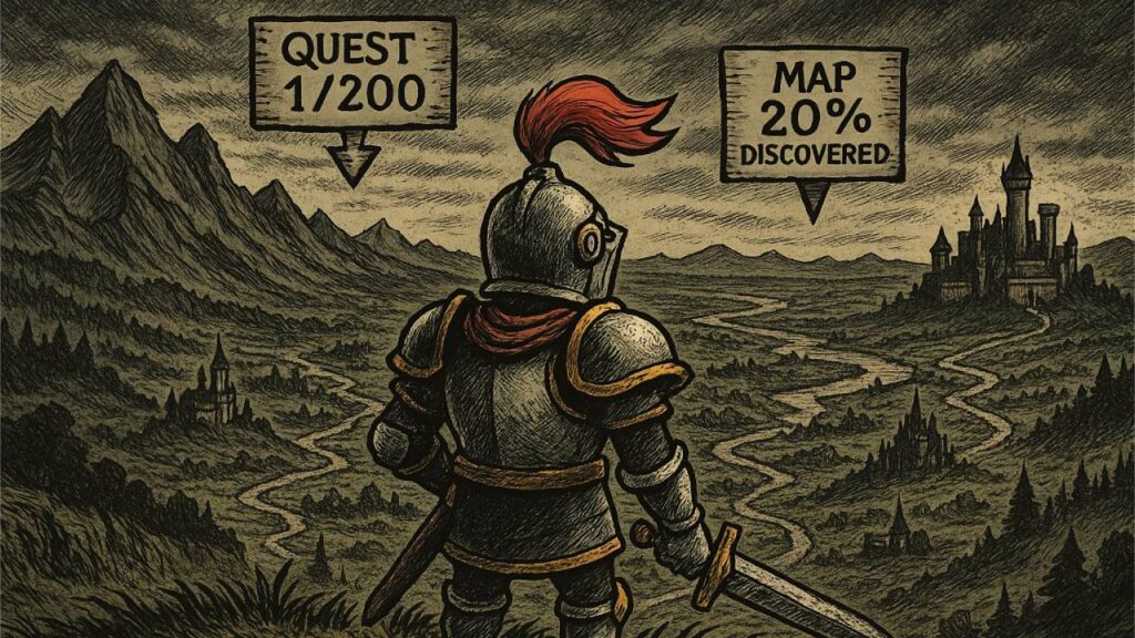 Das Bild mit dem Quest-Knight stellt die Überfüllung vieler Open-World dar. 