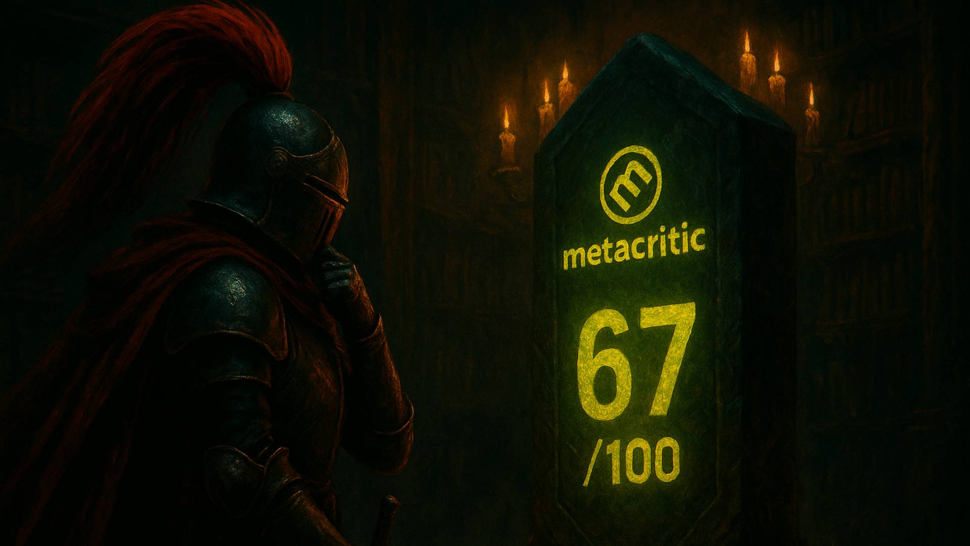 Der Quest-Knight sieht sich die Wertungen an, symbolisch auf einem Stein.