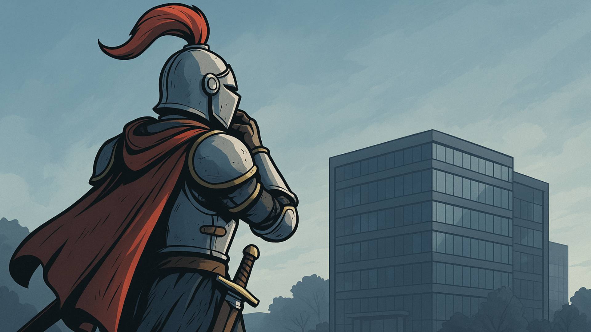 Der Quest-Knight steht auf einem Hügel und blickt nachdenklich auf ein modernes Firmengebäude in der Ferne. Symbolisches Motiv für kritische Analyse und Wandel in der Spielebranche. Das Thema behandelt Ubisoft.