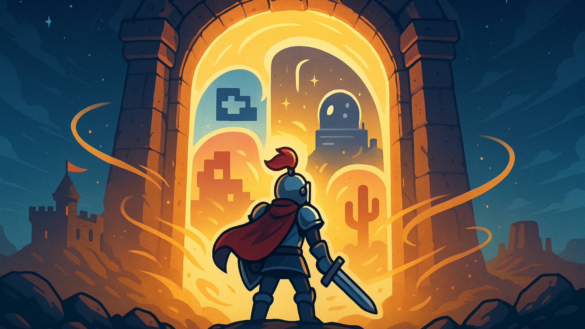 Passend zum Thema: Die besten Indie-Spiele 2025 steht der Quest-Knight vor einem magischen Tor, das magische Abenteuer symbolisiert