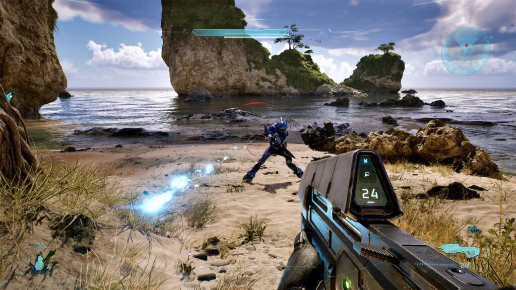 Halo PlayStation. Gameplay-Szene mit futuristischem Soldaten am Strand – Symbolbild für das Halo-Remake.