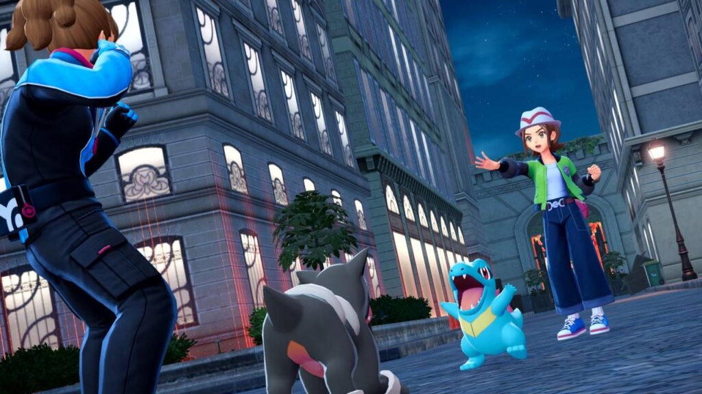 Kampf zwischen zwei Trainern in Pokémon Legends: Z-A mit Karnimani in den Straßen von Illumina City – modernes 3D-Design der neuen Pokémon-Generation