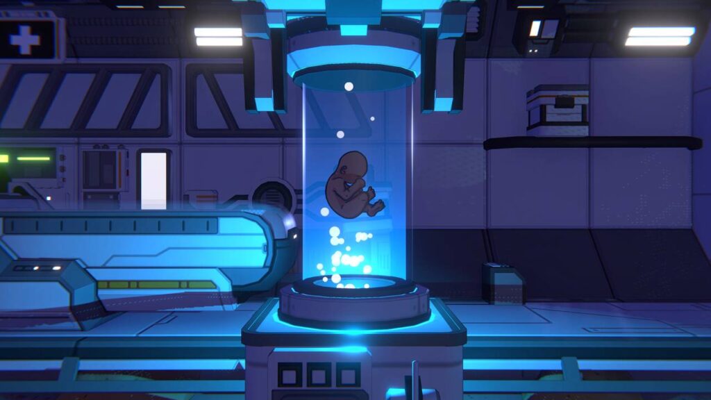 Kentum Vorschau – Labor-Szene mit schwebendem Klon in blauer Kapsel aus dem 2D-Craftervania