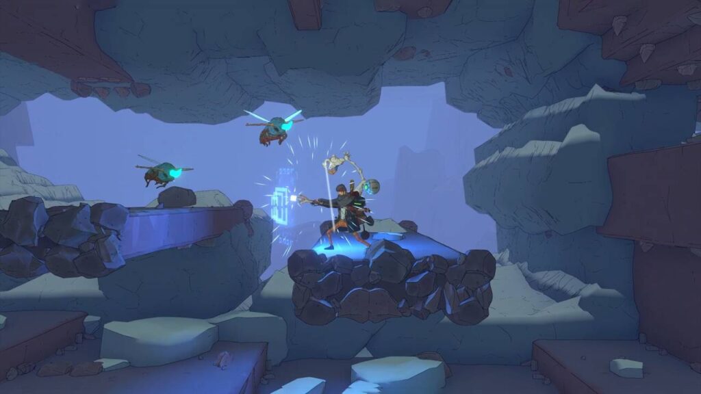 Ein Charakter in einer futuristischen Höhle kämpft mit einer Energiewaffe gegen fliegende Kreaturen mit leuchtenden blauen Stacheln. Die Szene ist in cel-shading-ähnlichem Stil gehalten, mit kühlen Blautönen und kantigen Felsen, die das 2D-„Craftervania“-Design des Spiels Kentum unterstreichen.