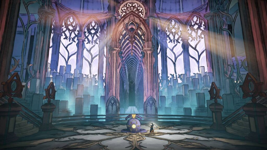 Szene aus Mio: Memories in Orbit – eine futuristische, kathedralenartige Halle mit Lichtstrahlen und roboterhaften Figuren. Eines der schönsten und atmosphärischsten Indie-Spiele 2025.