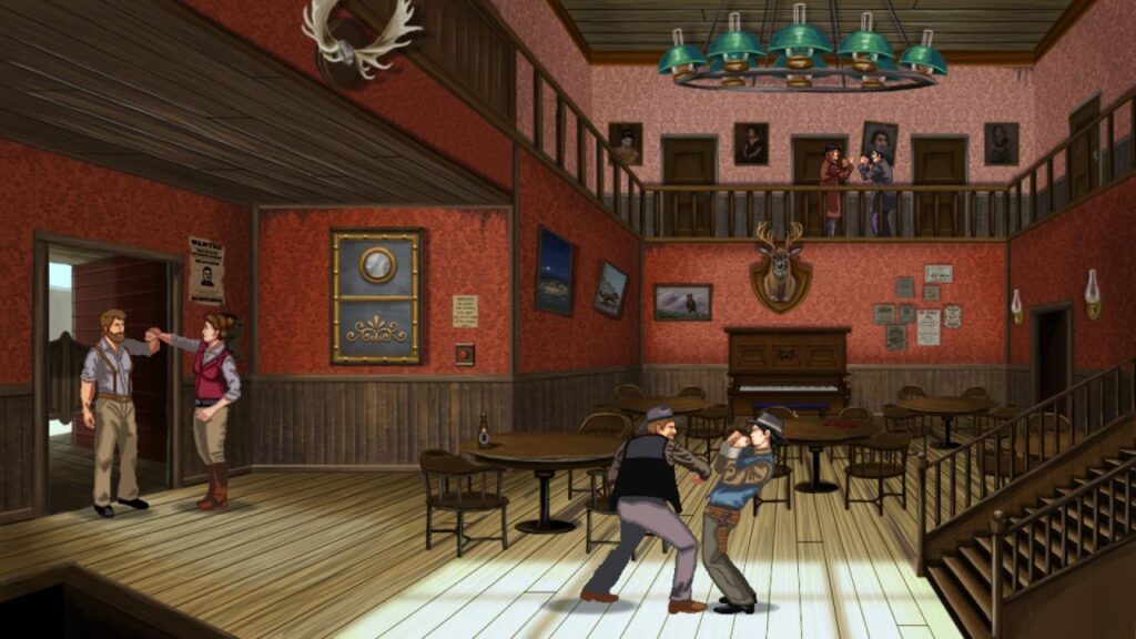 Szene aus Rosewater: Eine belebte Western-Bar mit handgezeichneter Pixelkunst, in der sich Charaktere streiten und diskutieren – klassisches Point-and-Click-Adventure.