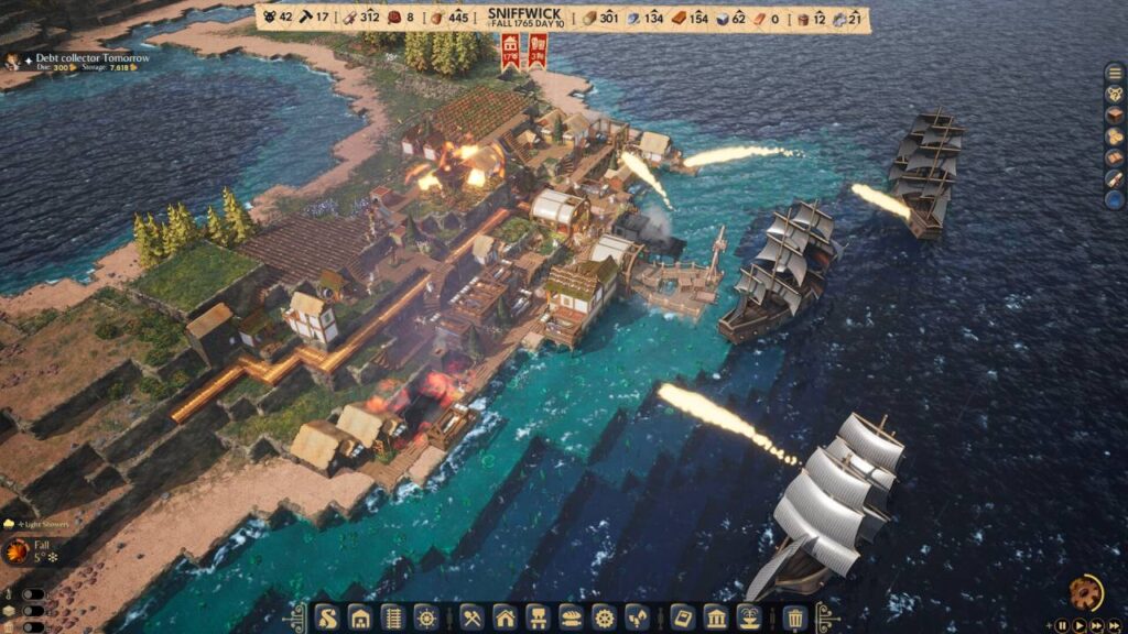 Ein Küstenstädtchen in Whiskerwood wird von mehreren Kriegsschiffen aus dem Meer heraus beschossen. Gebäude stehen in Flammen, während Kanonenkugeln über das Wasser fliegen. Am unteren Rand sind Menüs und Ressourcenanzeigen der Städtebausimulation zu sehen.