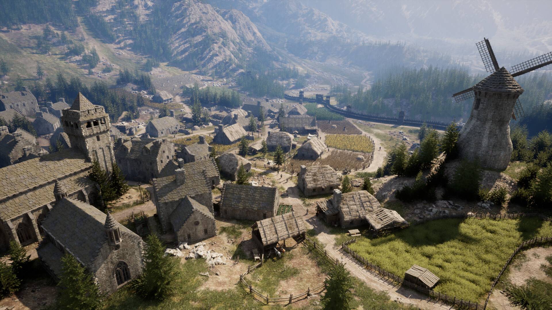 Weitläufige mittelalterliche Kolonie in Resilient mit Windmühle, Ackerflächen und Verteidigungsanlagen in einer idyllischen Bergregion