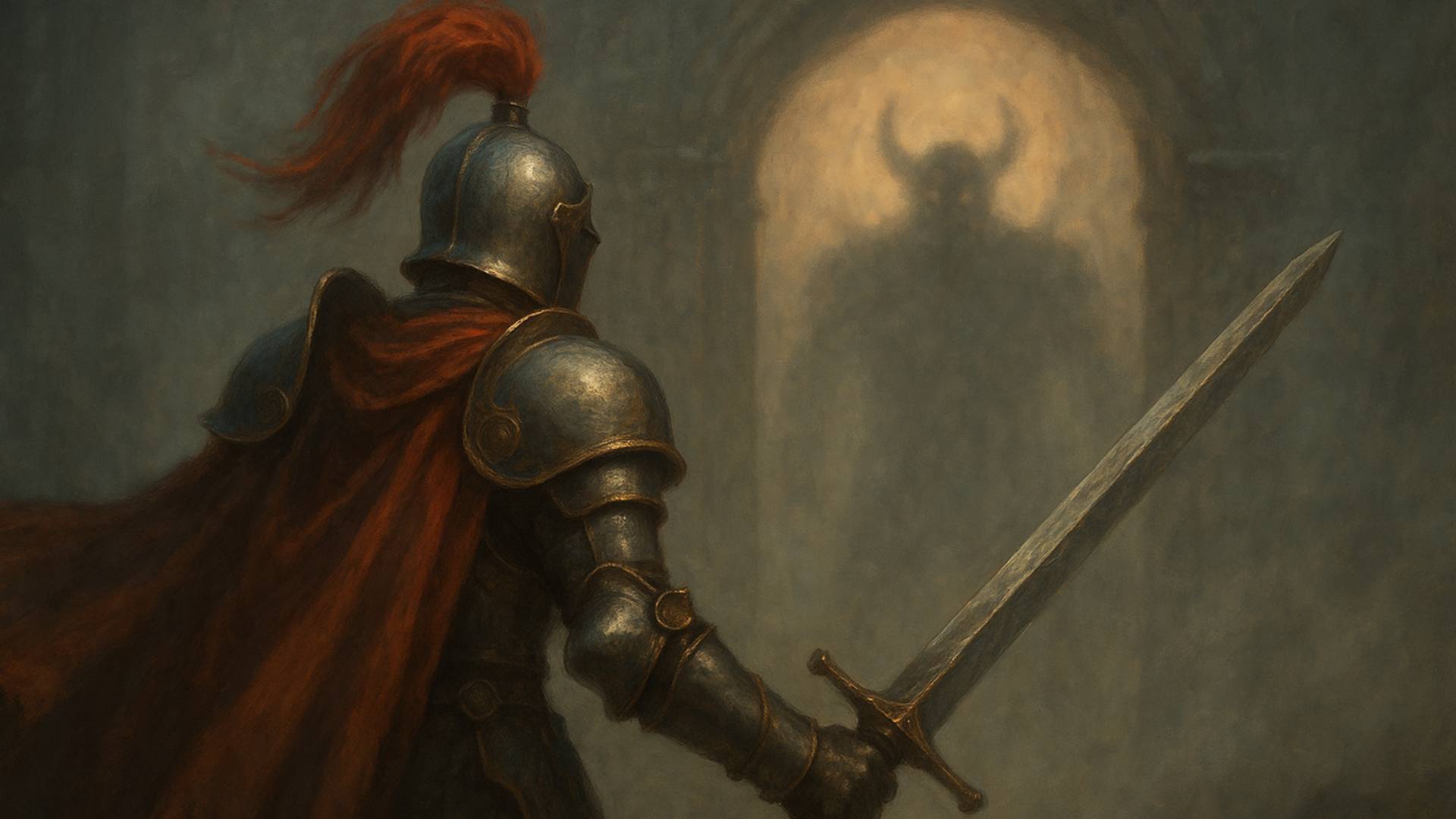 Soulslikes Beitragsbild mit dem Quest-Knight vor einem mystischen Nebeltor und der Silhouette eines bedrohlichen Bosses im Hintergrund