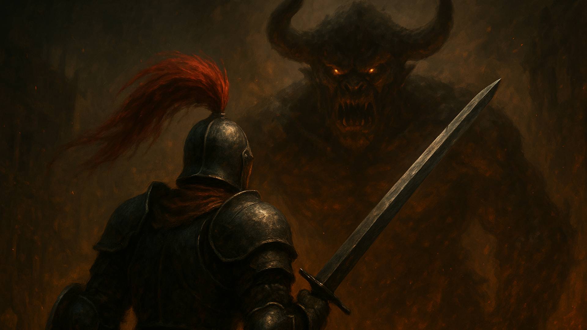 Symbolisches Bild über die besten Soulslikes 2025. Der Quest-Knight steht einem Monster gegenüber.