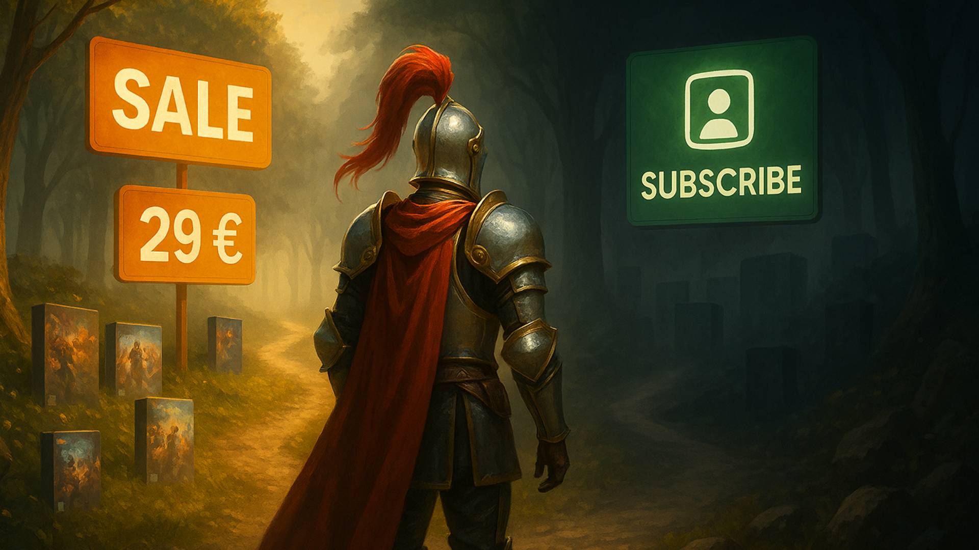 Quest-Knight steht an einer Weggabelung zwischen Sale-Angeboten und einem Abo-Symbol – symbolische Darstellung der Entscheidung zwischen Kauf und Subscription. Passend zum Thema Game Pass