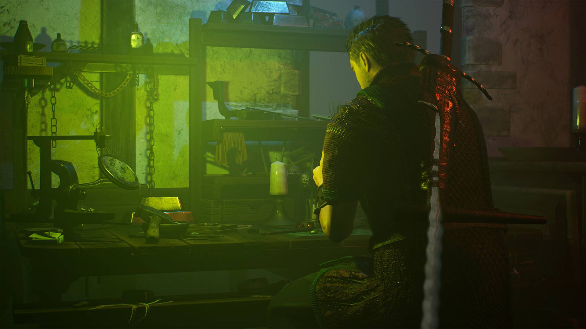 Of Ash and Steel zeigt einen Krieger in einer düsteren Werkstatt beim Schmieden und Vorbereiten seiner Ausrüstung