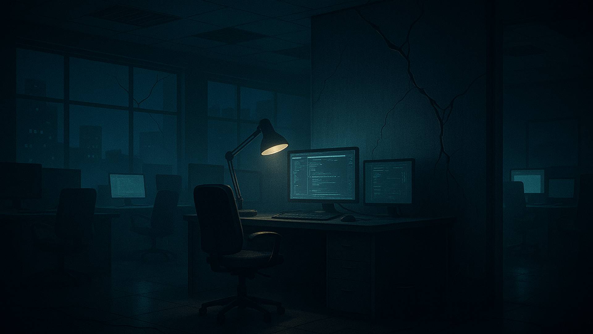 Verlassenes Entwicklerbüro mit dunkler Atmosphäre und leuchtenden Monitoren symbolisiert Unsicherheit bei Splash Damage und die stille Krise der Spieleindustrie.