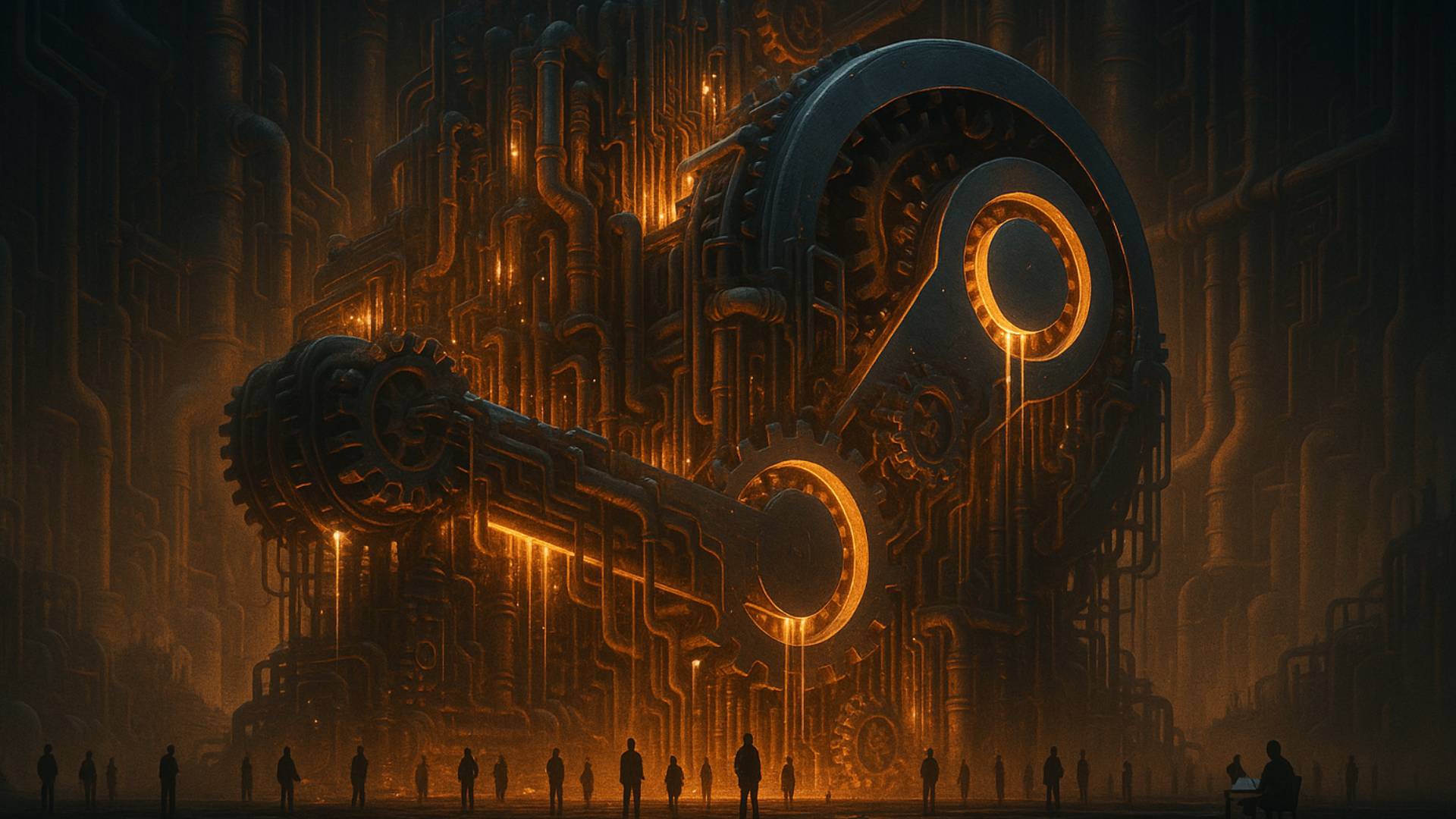 Symbolisches Bild von Steam als gigantische Industrie-Maschine mit Zahnrädern und Rohren, die die Marktmacht und Effizienz von Valve im PC-Gaming visualisiert