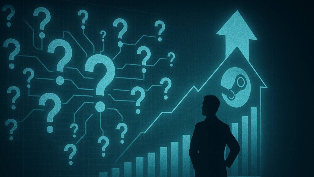 Symbolisches Bild zur Zukunft von Steam: Silhouette eines Beobachters vor steigenden Diagrammen und Fragezeichen, die Valve zwischen Wachstum und Marktmacht zeigen