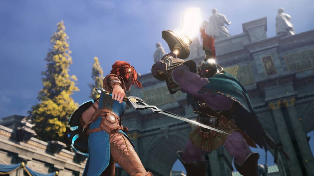 Kampfszene aus Asterigos mit Kriegerin im Duell gegen einen gerüsteten Gegner vor klassischer Tempelkulisse