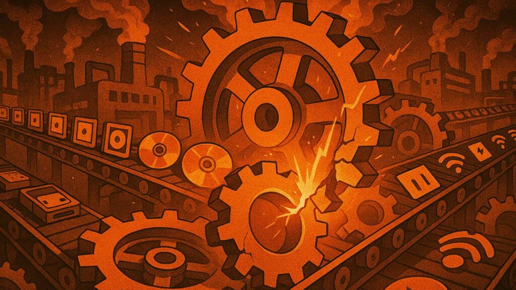 Überhitzte Fließband-Maschinerie produziert massenhaft Spiele und digitale Symbole mit reißenden Zahnrädern – Sinnbild für Content-Flut,  Splash Damage, Überproduktion und die wachsende Marktkrise in der Gaming-Branche.