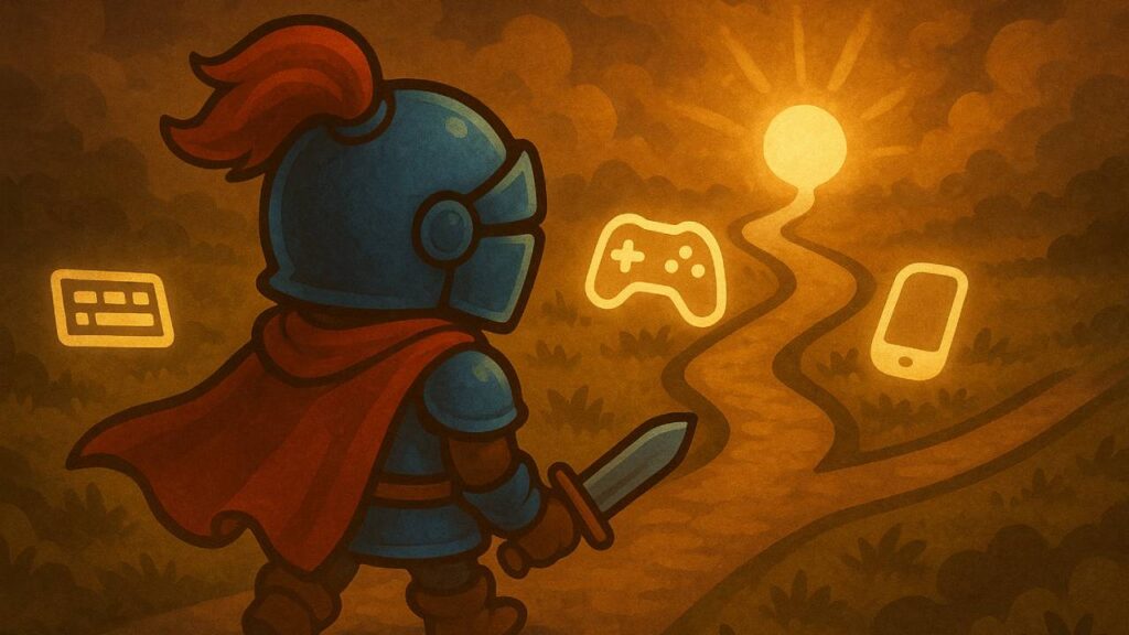 Comic-Quest-Knight steht vor Wegen, die für PC, Konsole und Handheld stehen und sich zu einer Lichtquelle vereinen, symbolisch für Cross Progression.