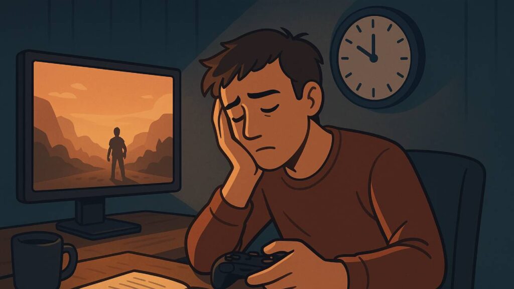 Thema Game Pass. Müder Gamer sitzt spätabends am Schreibtisch, Controller in der Hand, Uhr zeigt fortgeschrittene Zeit – Symbol für wenig Freizeit im Alltag