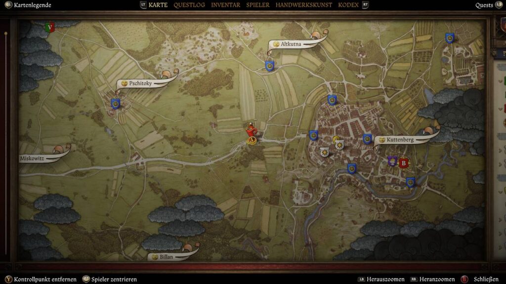 Karte von Kingdom Come: Deliverance II mit markiertem Standort des Pferdehändlers westlich von Kuttenberg.