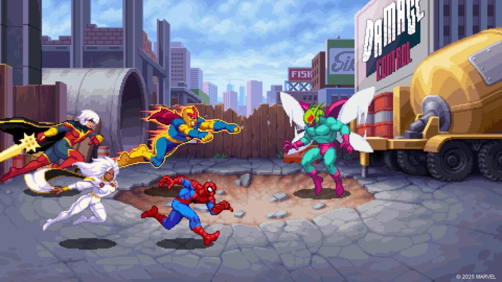 Pixelart-Kampfszene aus Marvel Cosmic Invasion: Mehrere Helden greifen einen geflügelten Gegner in einer zerstörten Stadtumgebung an.
