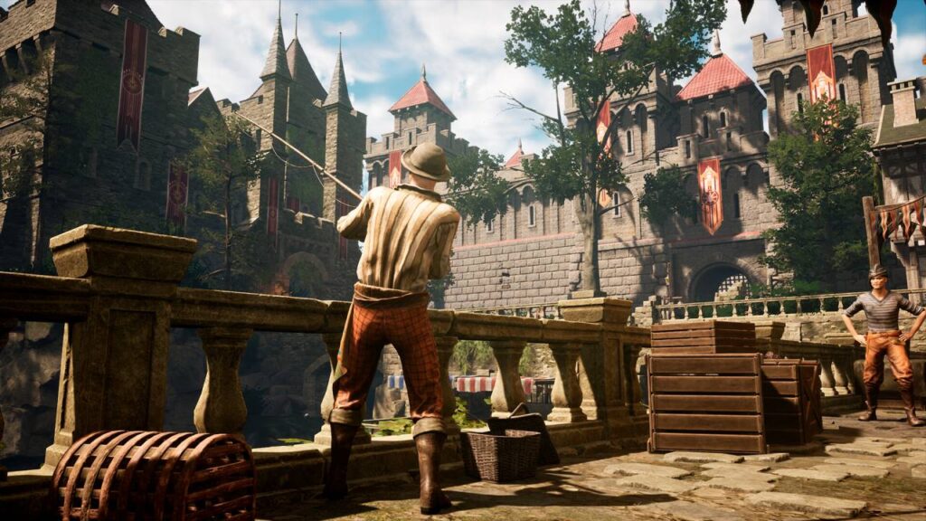 Of Ash and Steel zeigt eine mittelalterliche Stadt mit Burganlage, NPCs und klassischem Old-School-Rollenspiel-Flair