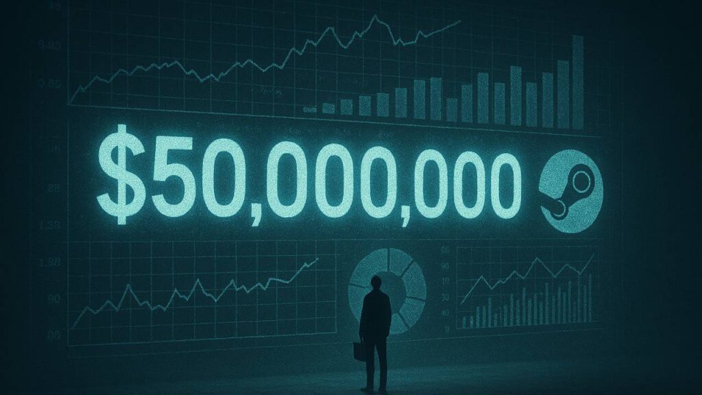 Einsame Silhouette vor riesigem Zahlenhologramm zeigt 50 Millionen Dollar Umsatz pro Mitarbeiter und symbolisiert die extreme Effizienz von Steam und Valve