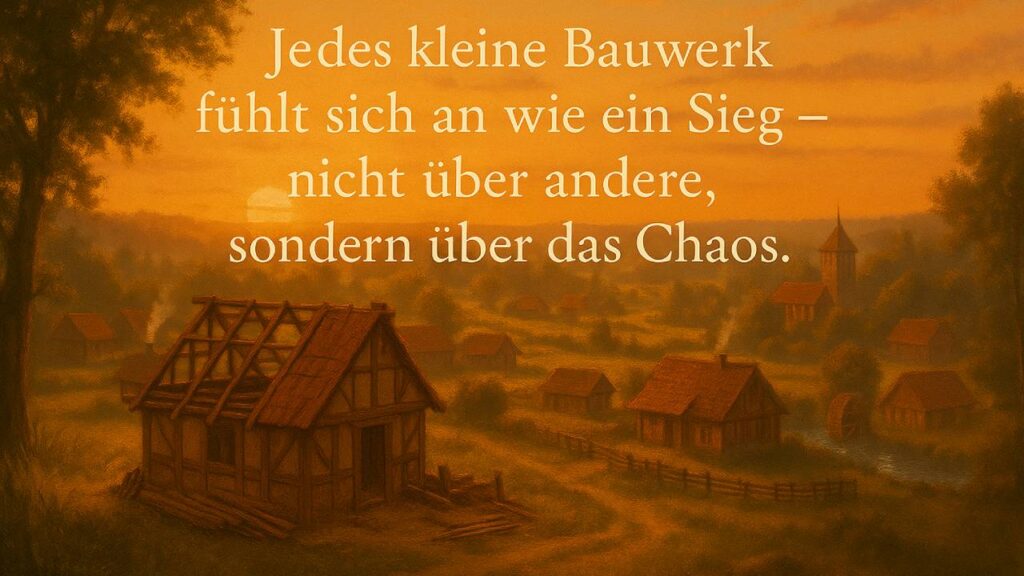 Idyllisches Fantasy-Dorf im warmen Sonnenuntergang, passend zum Thema Strategiespiele. Im Vordergrund steht ein halbfertiges Fachwerkhaus, während im Hintergrund Rauch aus Kaminen steigt. Darüber steht der Text: „Jedes kleine Bauwerk fühlt sich an wie ein Sieg – nicht über andere, sondern über das Chaos.“