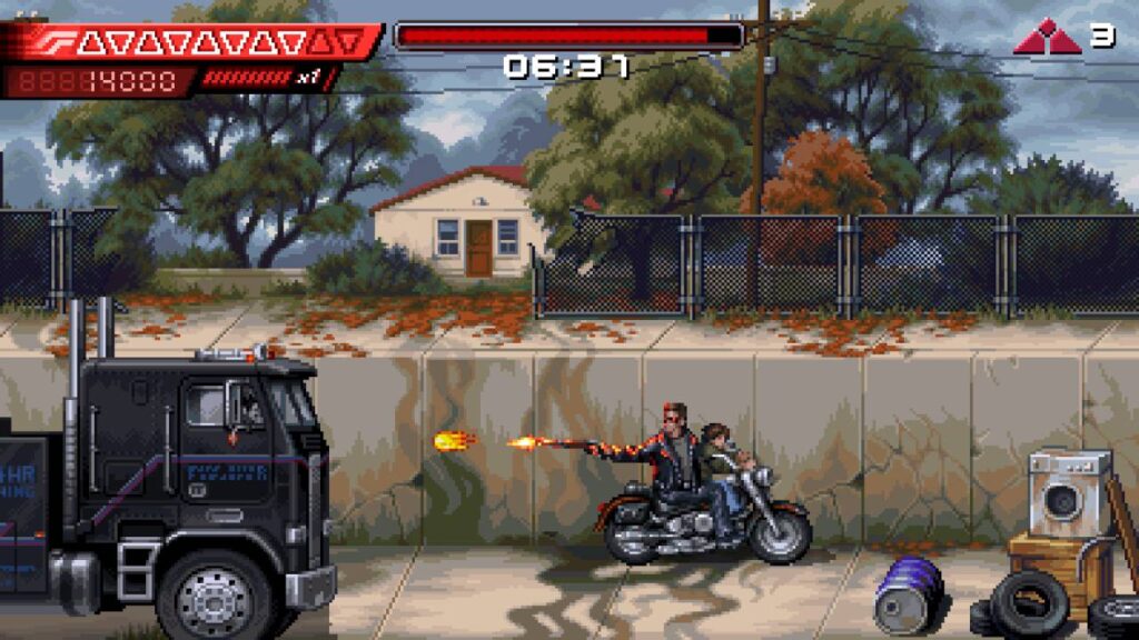 Die besten Spiele im Dezember 2025: Szene aus Terminator 2D – NO FATE, in der ein Motorradduo im Pixelstil während einer Verfolgungsjagd auf einen Lastwagen feuert.