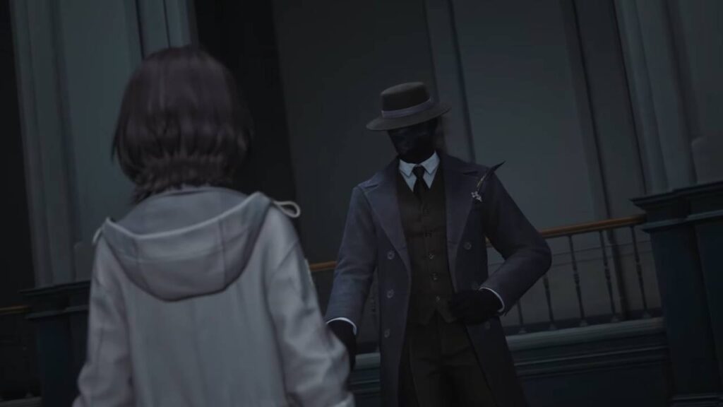 Mysteriöse, dunkel gekleidete Figur mit Hut bietet der Protagonistin die Hand – Szene mit deutlicher Andeutung von Entscheidung und psychologischer Spannung in Varsapura