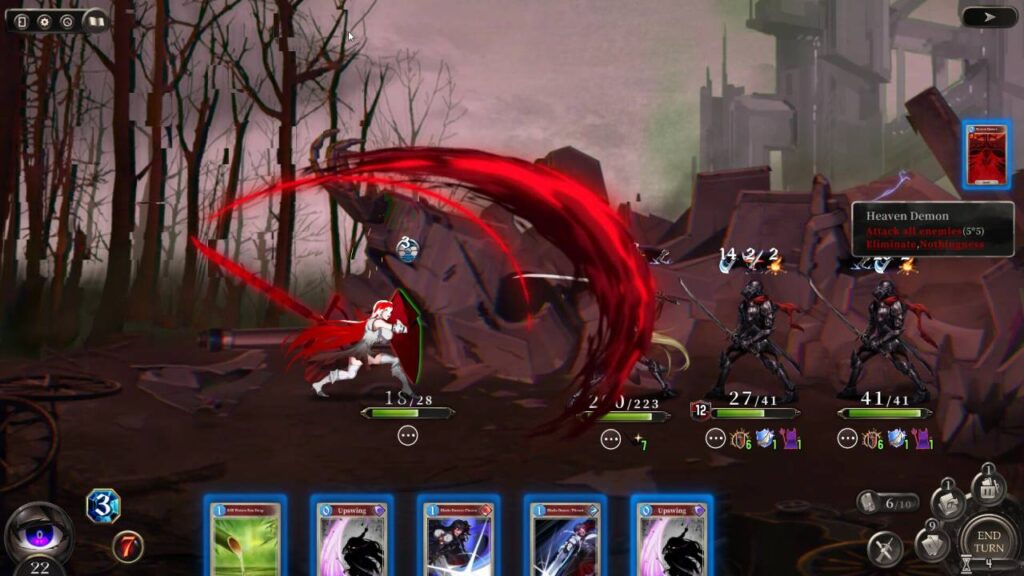 Die besten Spiele im Dezember 2025: Kampfsequenz aus Voice of Belldona mit roter Schwertattacke, Gegnergruppe und Kartenauswahl am unteren Bildschirmrand.