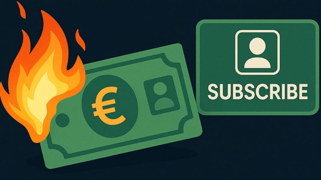 Illustration von brennendem Geldschein neben Abo-Symbol, als Symbol für ungenutztes Abo und verschwendete Kosten